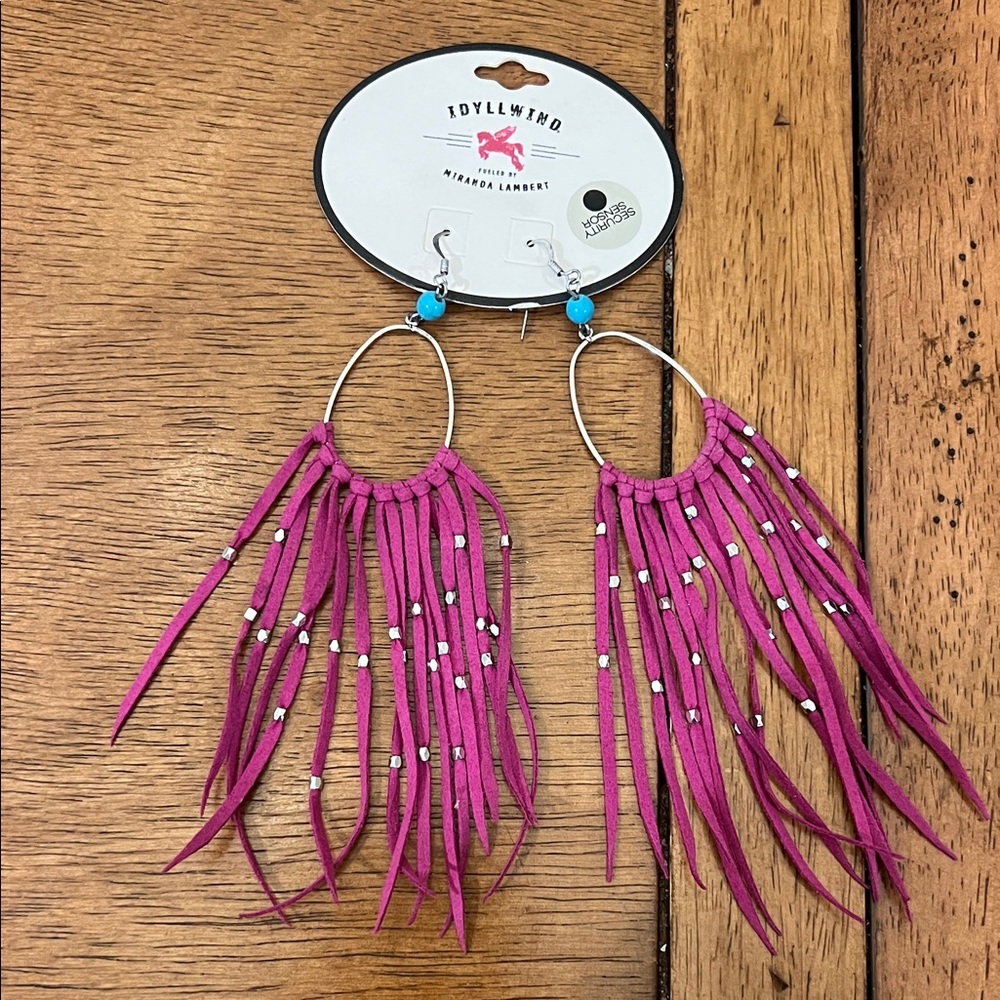 Idyllwind Magenta Fringe Hoop Earrings with Silver Beads
